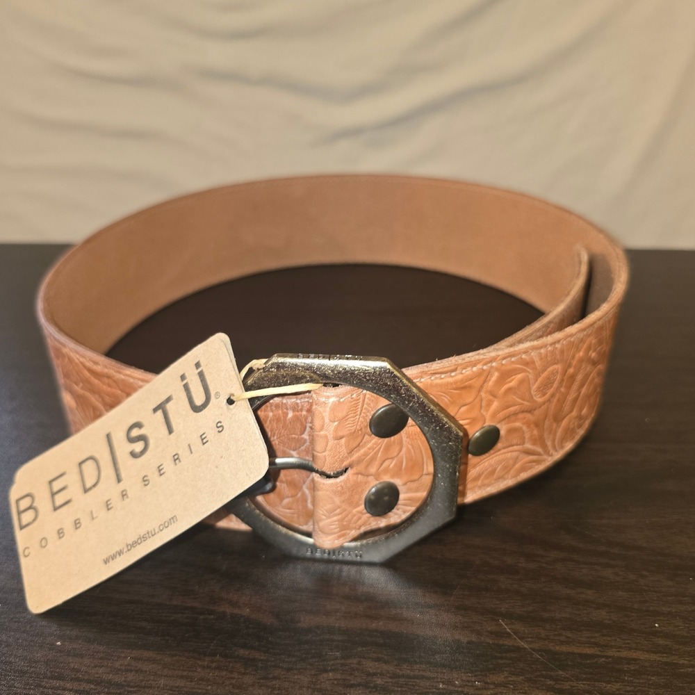 Bed Stu Belt Womens Large Tan Floral Embossed Leather Cobbler Series Hex Buckle